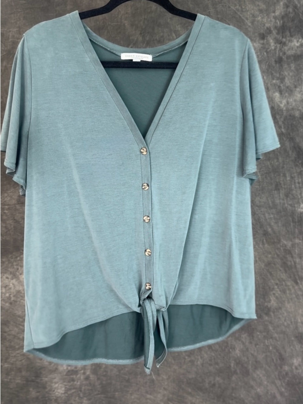 Green Envelope Los Angeles Sage Green Tie Front Button Blouse XL Made USA